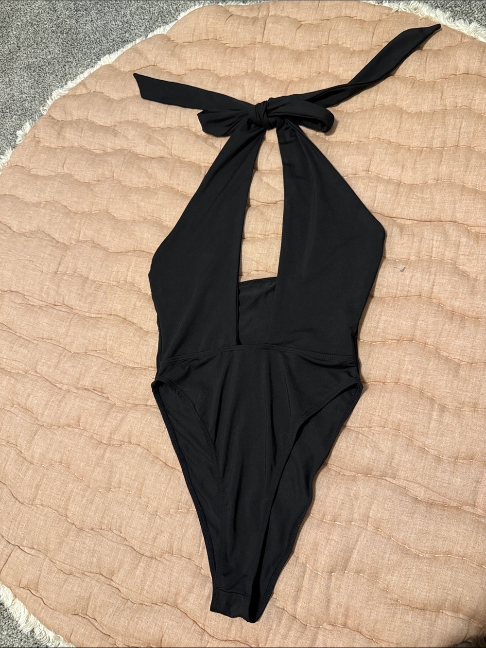 Black Halter One-Piece Swimsuit deep plunge